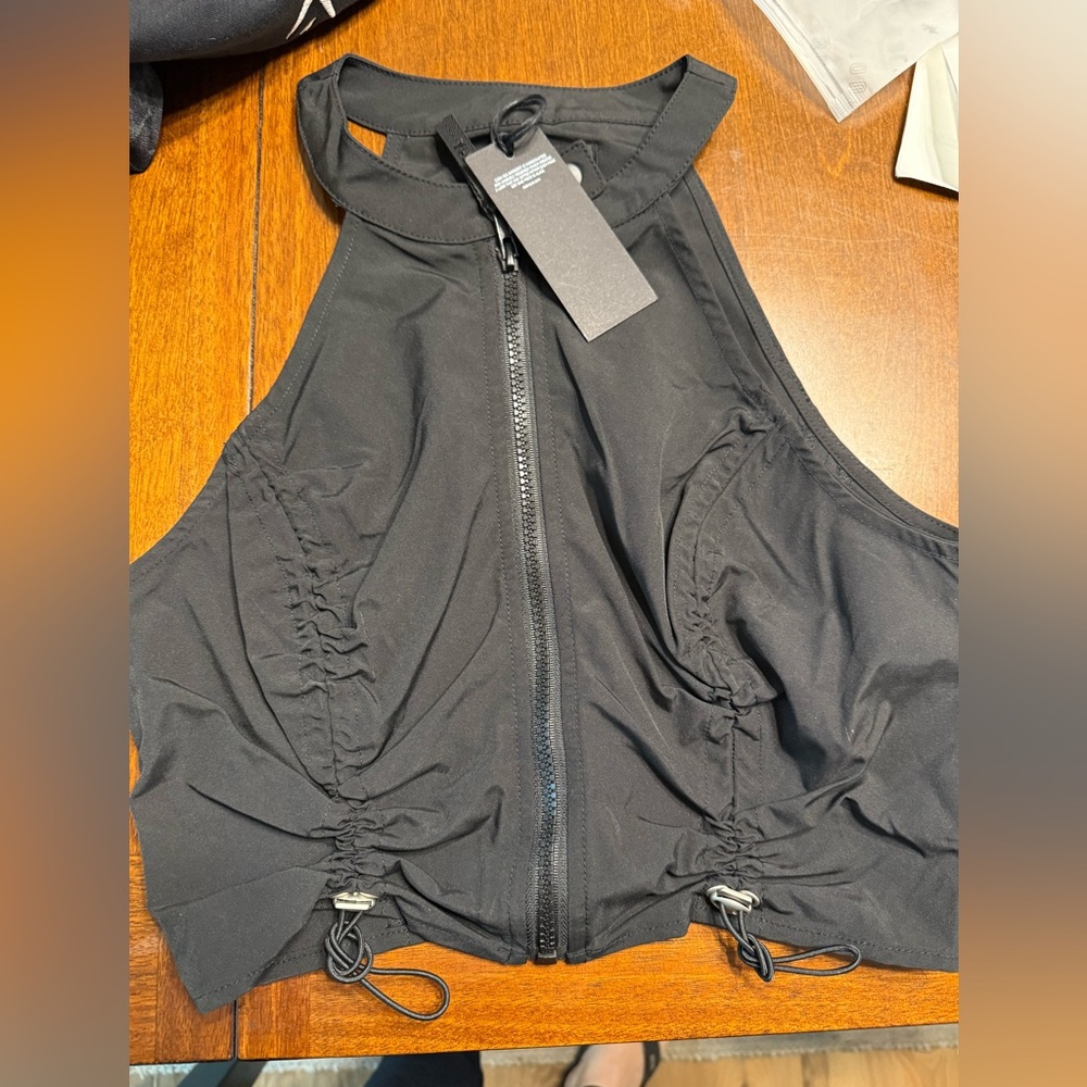 NWT RtA Small Black Zip Front Halter Neck Cropped Top Drawstring Sleeveless
